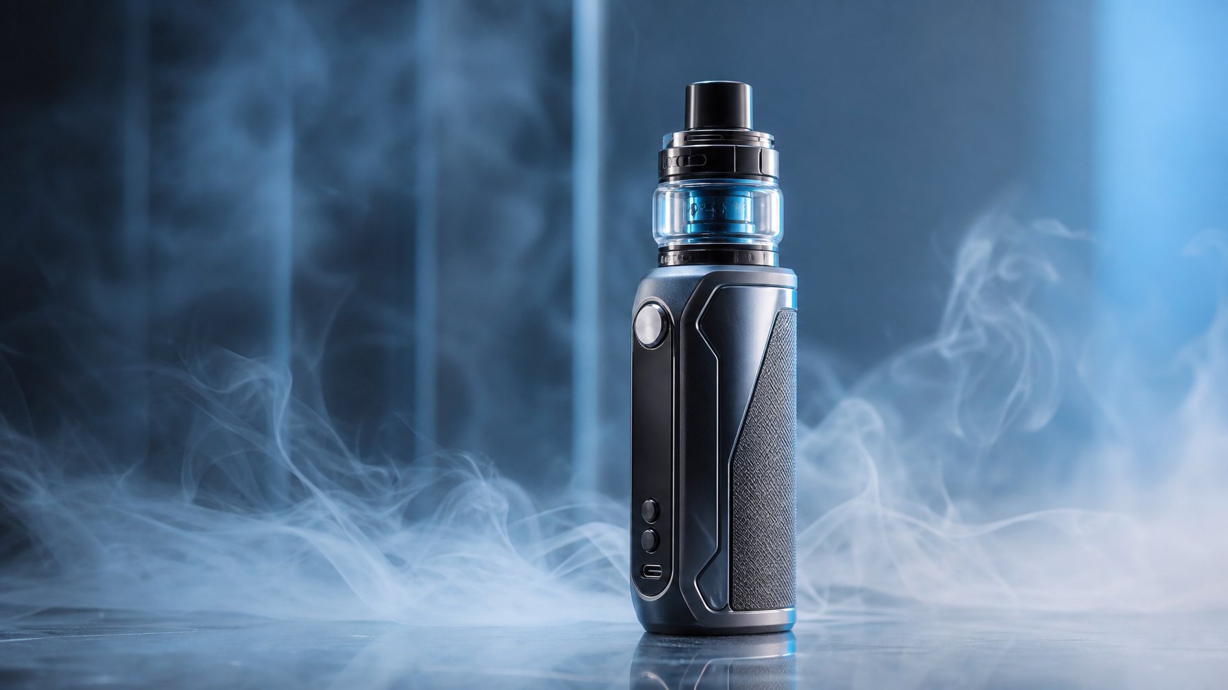 Sebuah perangkat vape mod modern dengan uap yang naik di latar belakang minimalis.