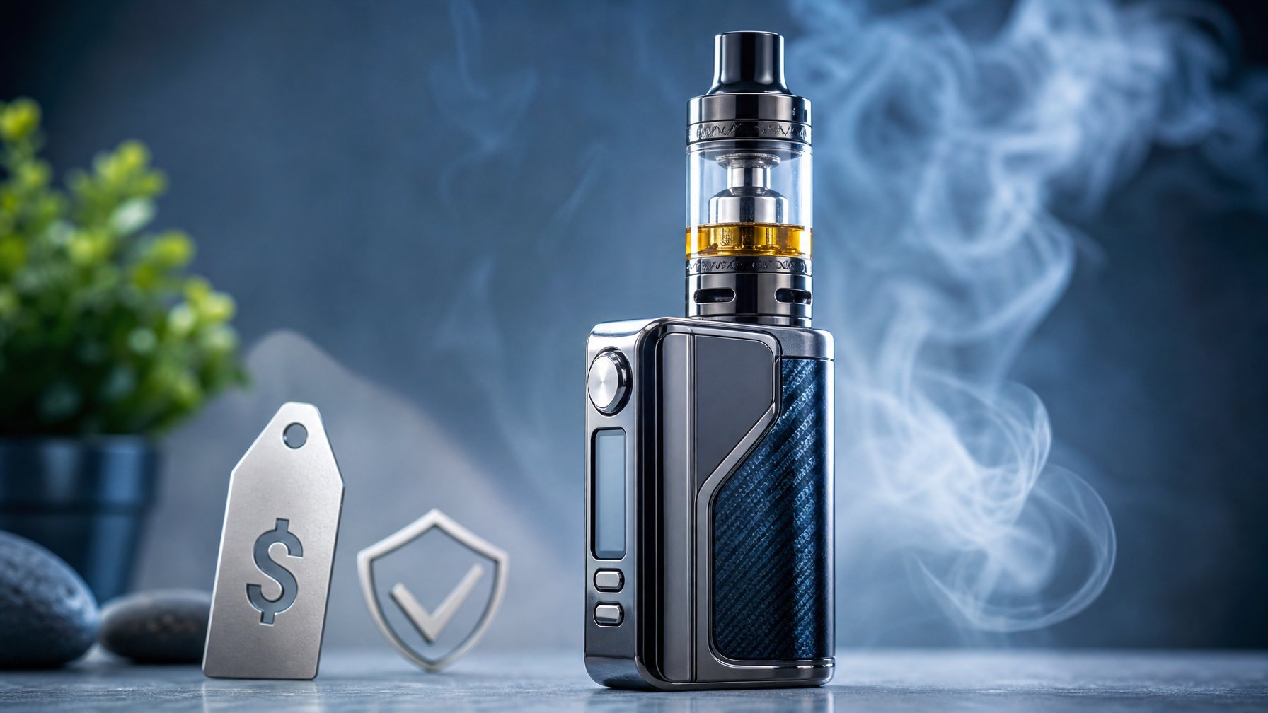 Mod vape modern dengan desain ramping dan tangki berisi cairan warna-warni, diletakkan di atas permukaan bersih dengan latar belakang buram.