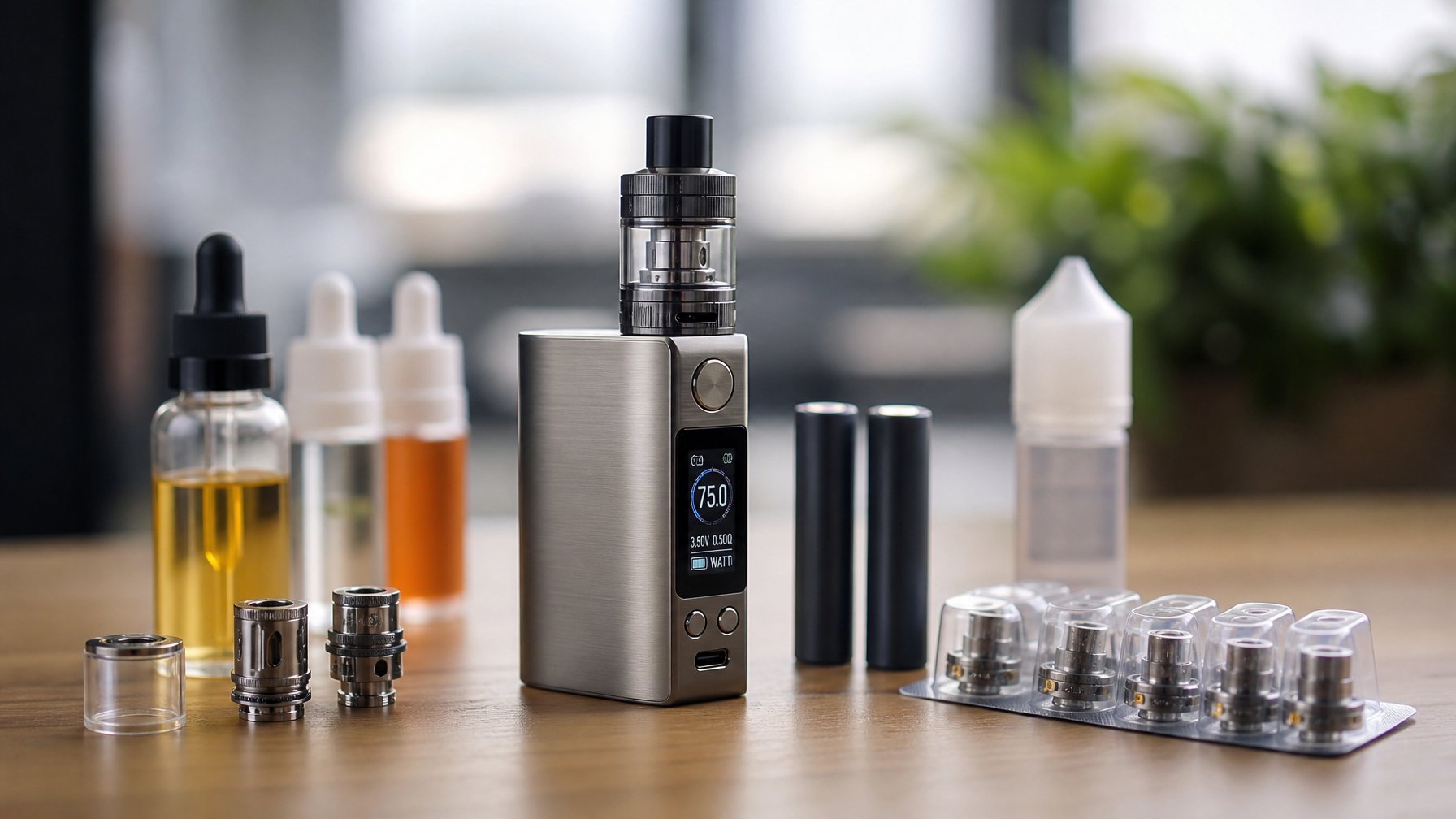 Perangkat vape mod modern diletakkan di atas meja kayu dengan aksesori vape di sekitarnya dalam ruangan yang terang.