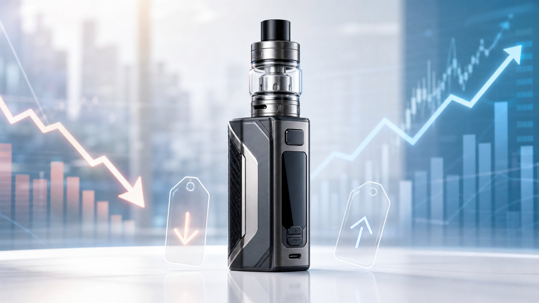 Mod vape modern yang diletakkan di atas permukaan reflektif dengan latar belakang grafik dan simbol perubahan harga.