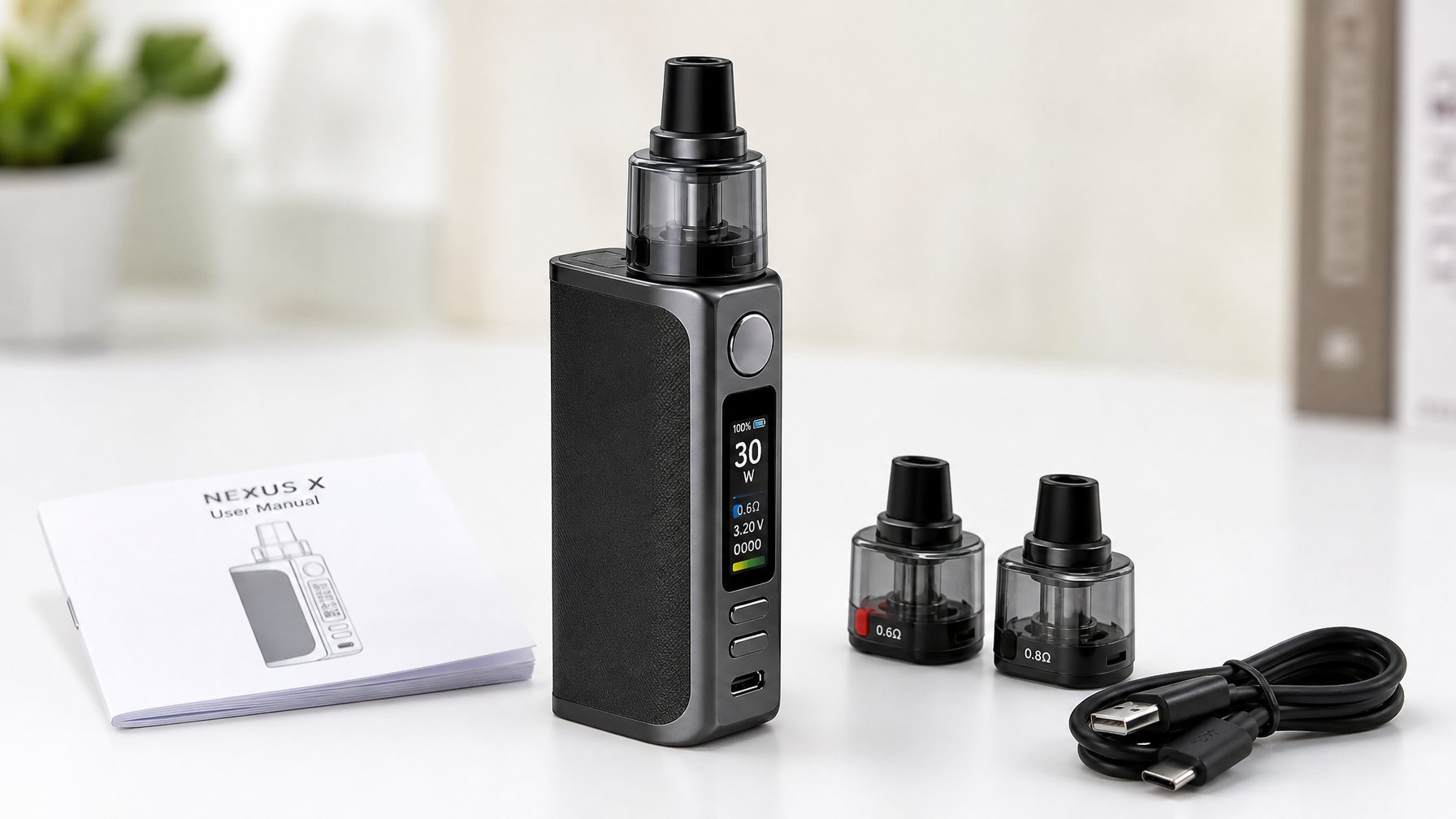 Sebuah perangkat vape mod modern diletakkan di atas permukaan putih dengan beberapa aksesori vape di sekitarnya.