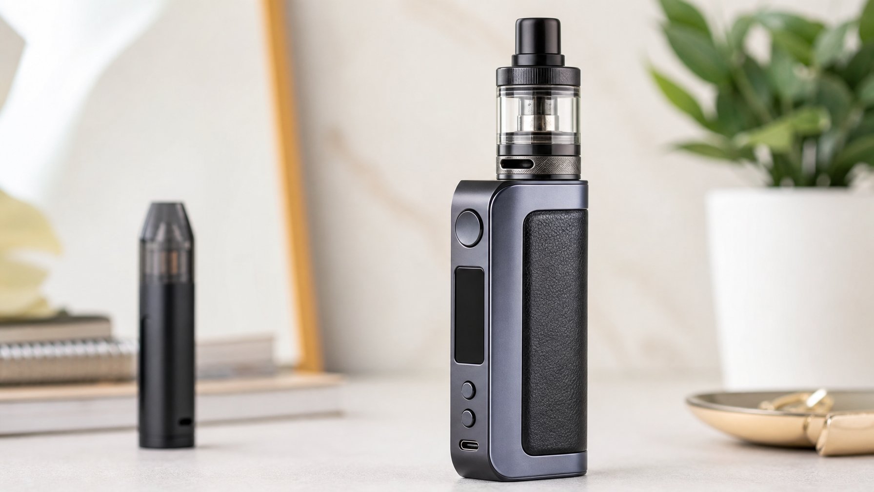 Foto close-up perangkat vape mod modern yang terletak di atas permukaan bersih dengan perangkat pod vape di latar belakang.