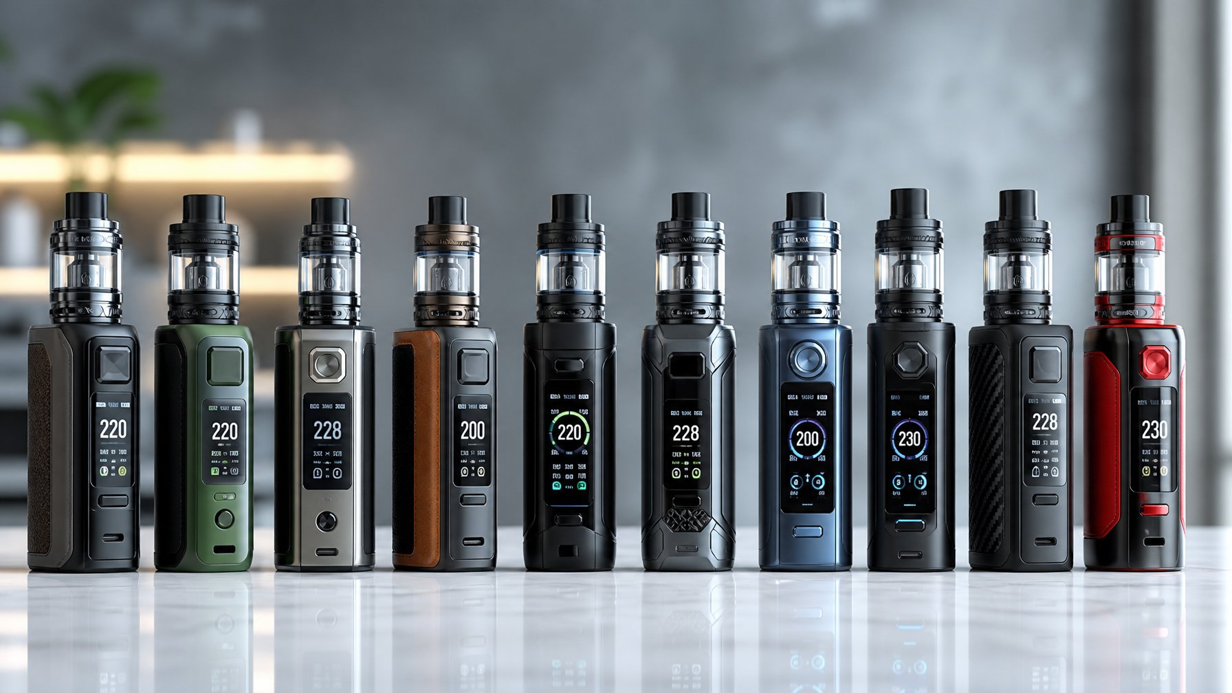 Beberapa mod vape modern dengan desain canggih dan layar watt tinggi tersusun rapi di atas permukaan reflektif.