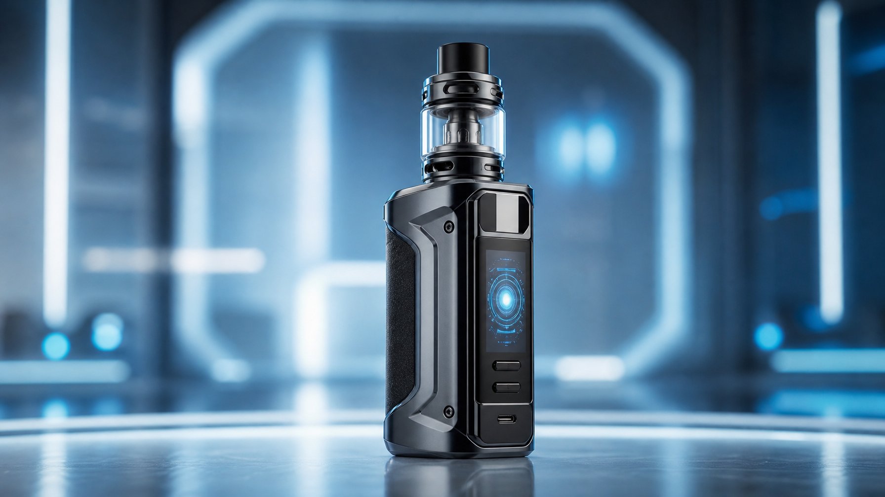 Gambar sebuah perangkat vape mod modern dengan layar digital dan kontrol watt, diletakkan di atas permukaan reflektif dengan latar belakang teknologi futuristik.