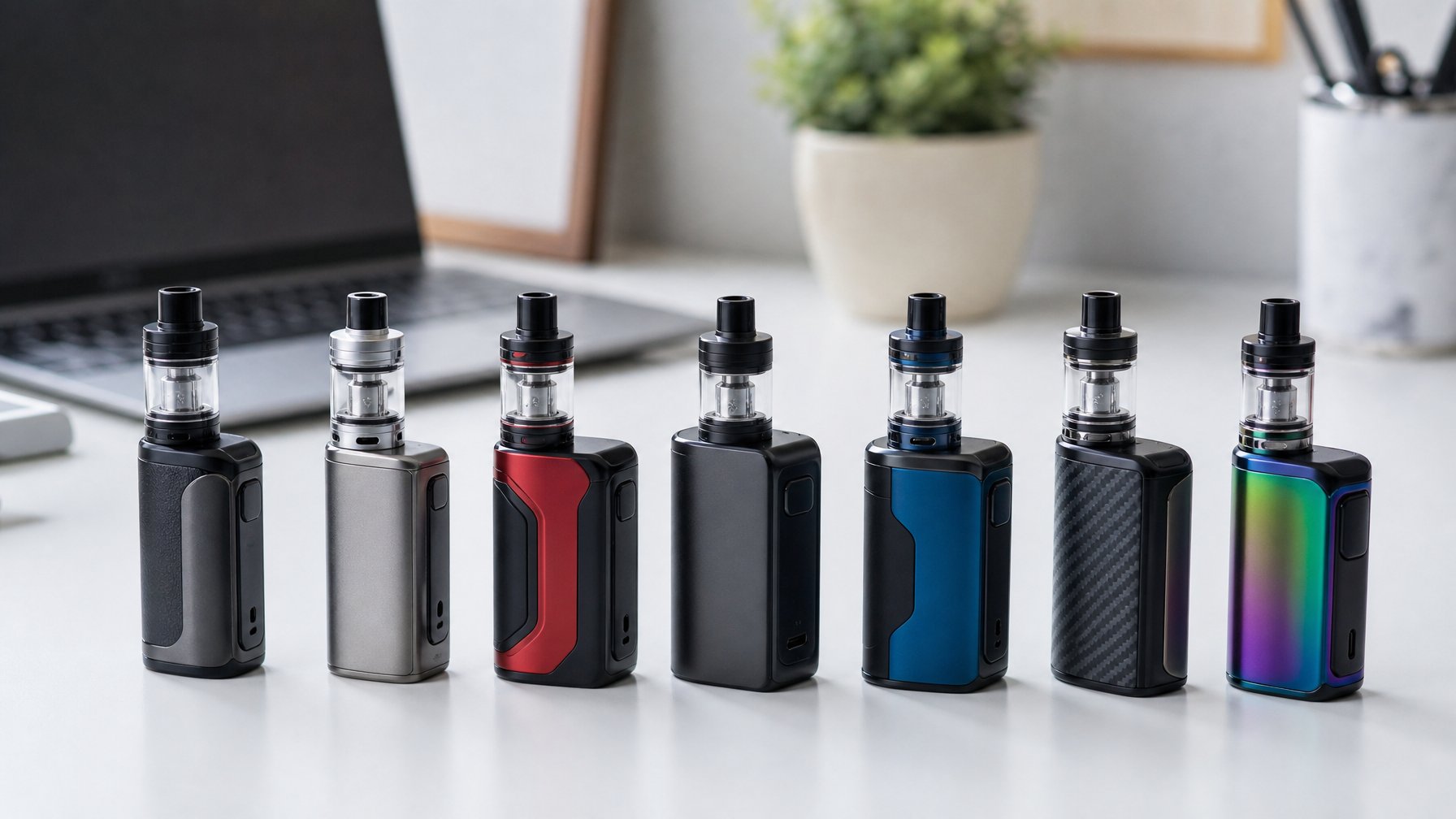 Beberapa perangkat vape modern yang tersusun rapi di atas permukaan putih dengan latar belakang meja kerja minimalis.