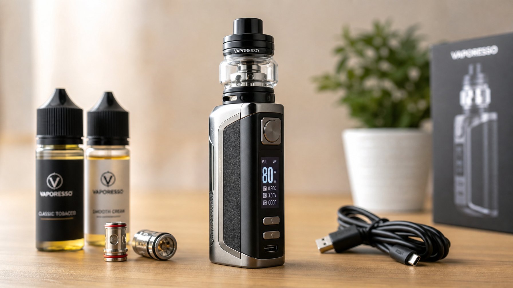 Mod vape modern diletakkan di atas meja kayu dengan beberapa aksesori vape di sekitarnya.