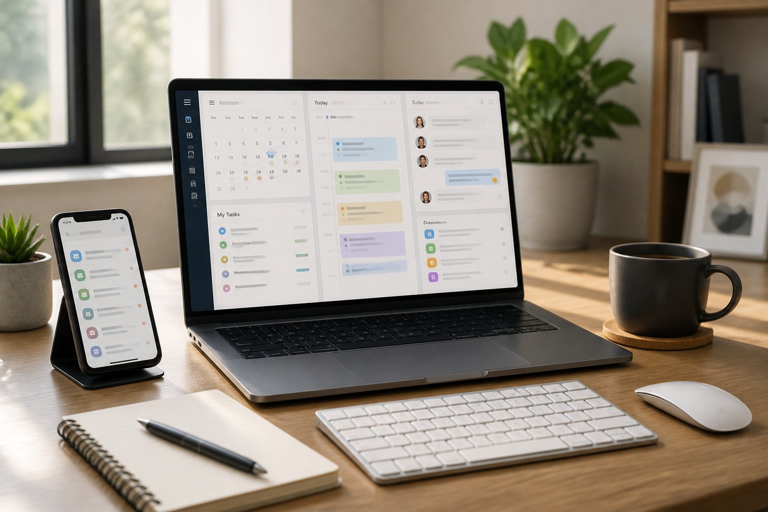 A modern office desk with a laptop showing productivity app interfaces, a smartphone, notebook, pen, and coffee cup in a clean workspace.