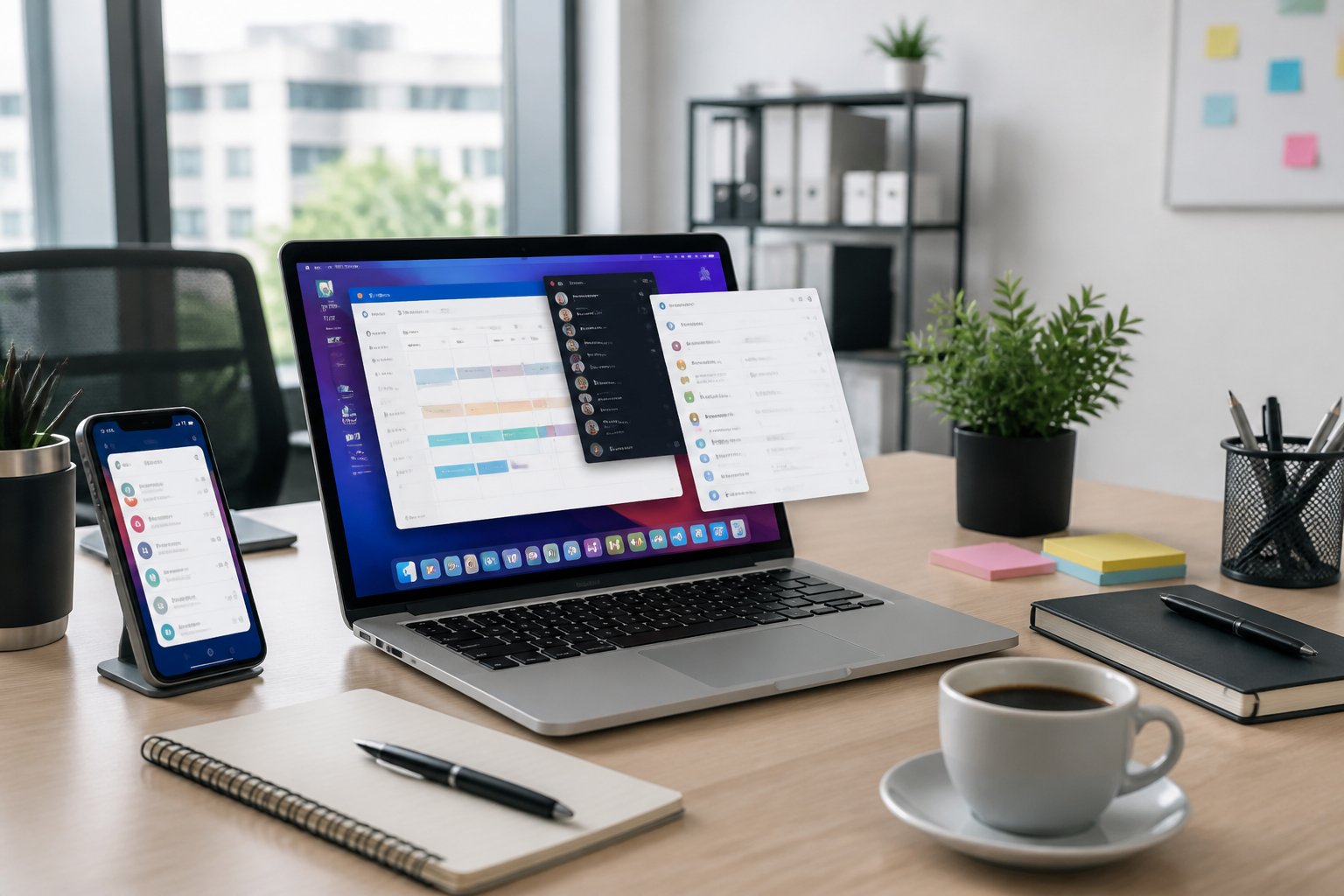 A modern office desk with a laptop showing multiple app windows, a smartphone, office supplies, and a cup of coffee in a bright workspace.