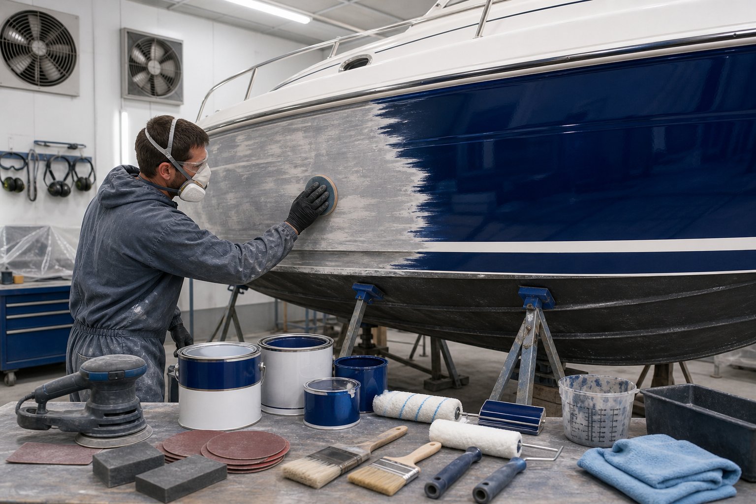 A person sanding and repainting the hull of a fiberglass boat inside a workshop with painting tools and equipment nearby.