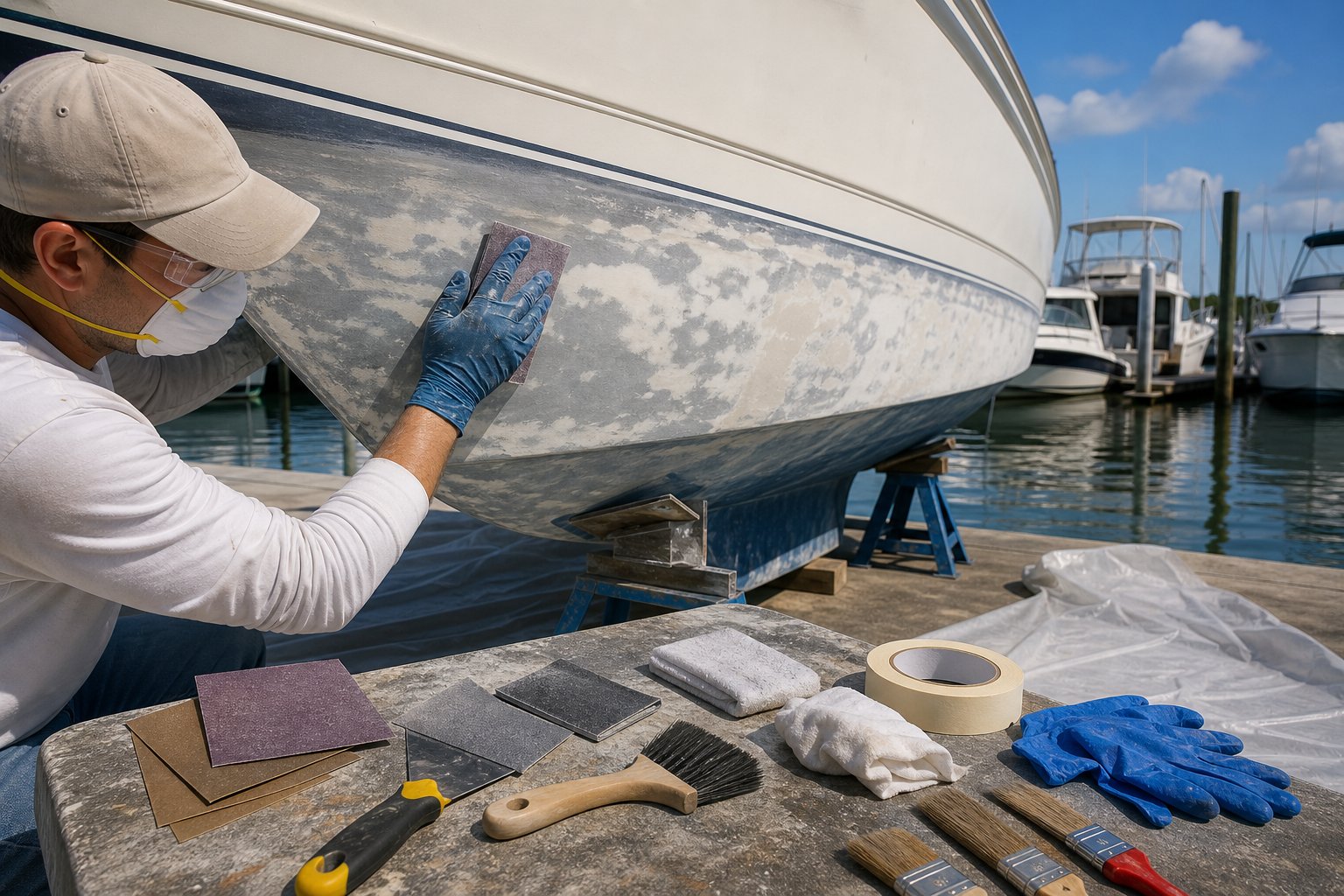 A person sanding the hull of a fiberglass boat outdoors with tools and protective gear nearby.