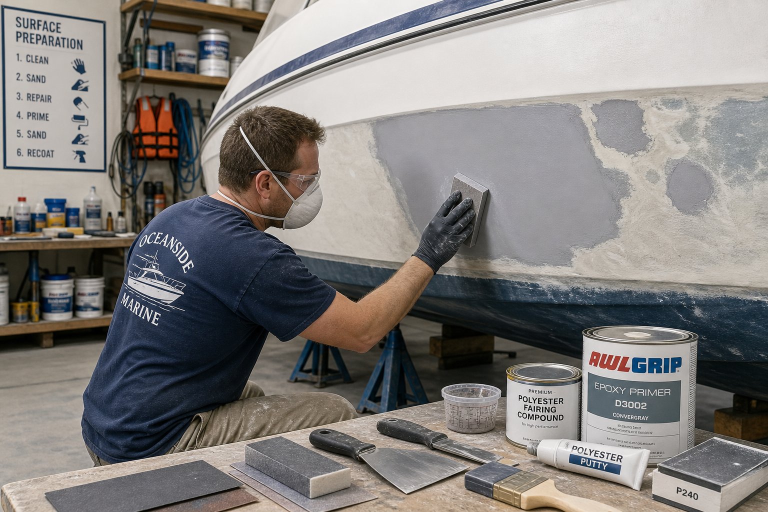 A person sanding and priming the hull of a fiberglass boat inside a workshop with tools and repair materials nearby.