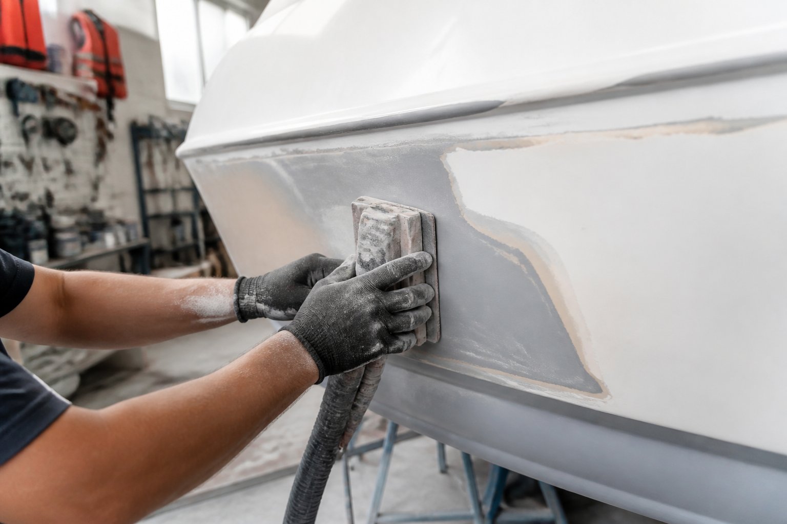 A technician sanding the hull of a fiberglass boat inside a marine workshop with repair tools and equipment in the background.