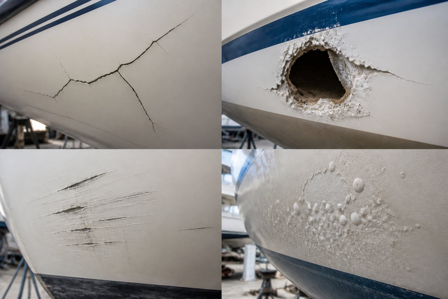Close-up of a fiberglass boat hull showing different types of damage including cracks, holes, scratches, and blistering in a workshop setting.