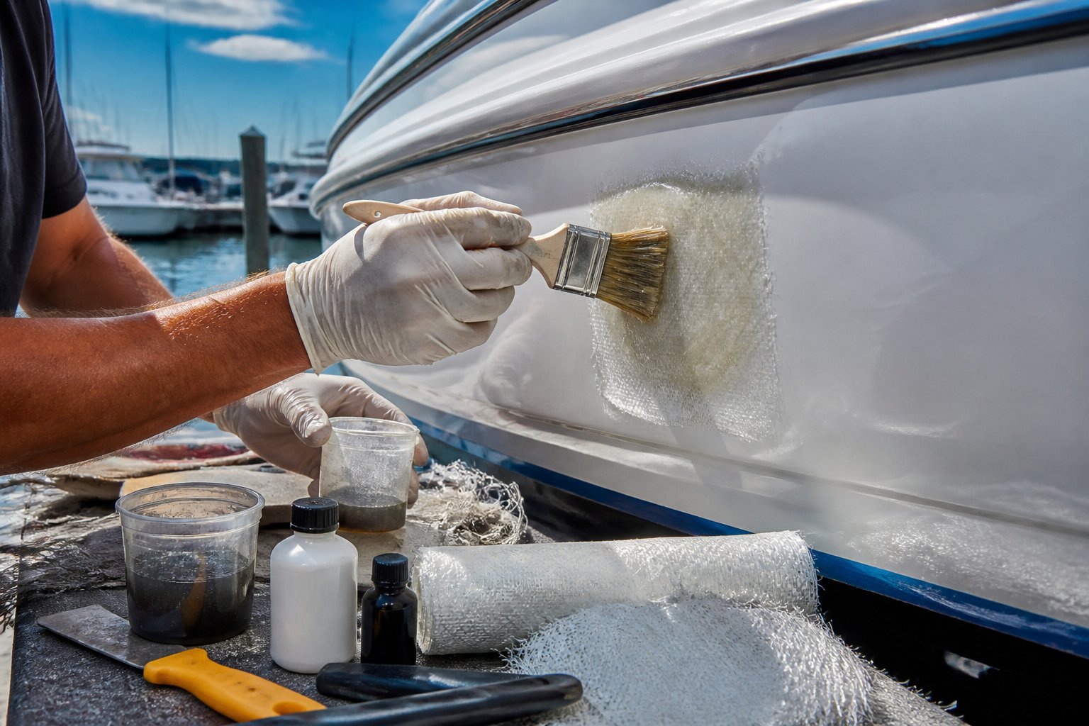Close-up of a technician repairing the hull of a fiberglass boat at a marina, with repair tools and materials nearby and boats in the background.