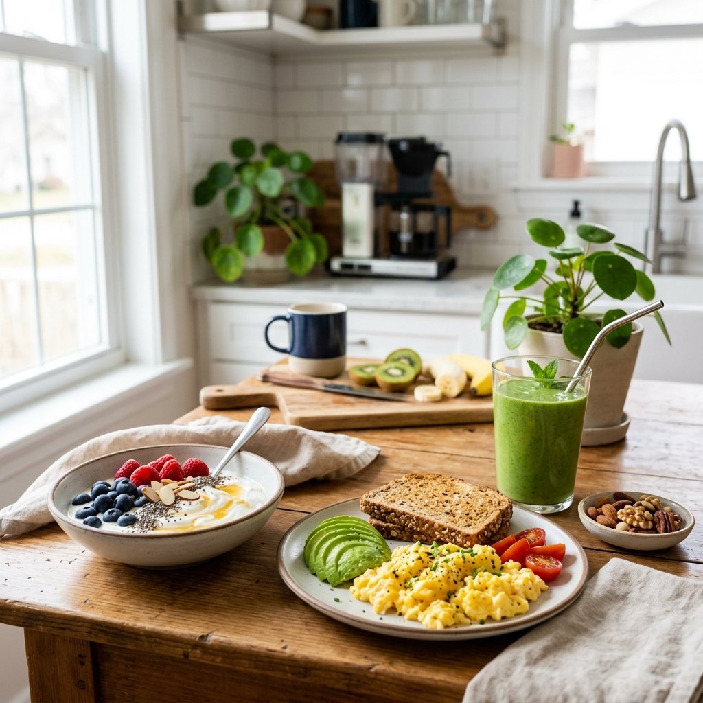 A kitchen table with a variety of high-protein breakfast foods including Greek yogurt with berries, scrambled eggs with avocado, a green smoothie, and mixed nuts.