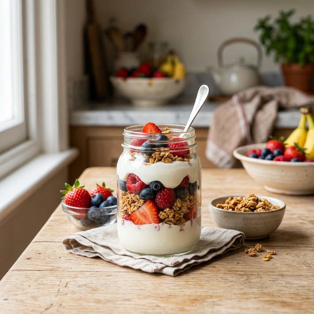 A glass jar filled with Greek yogurt parfait layered with fresh berries and granola on a wooden surface.
