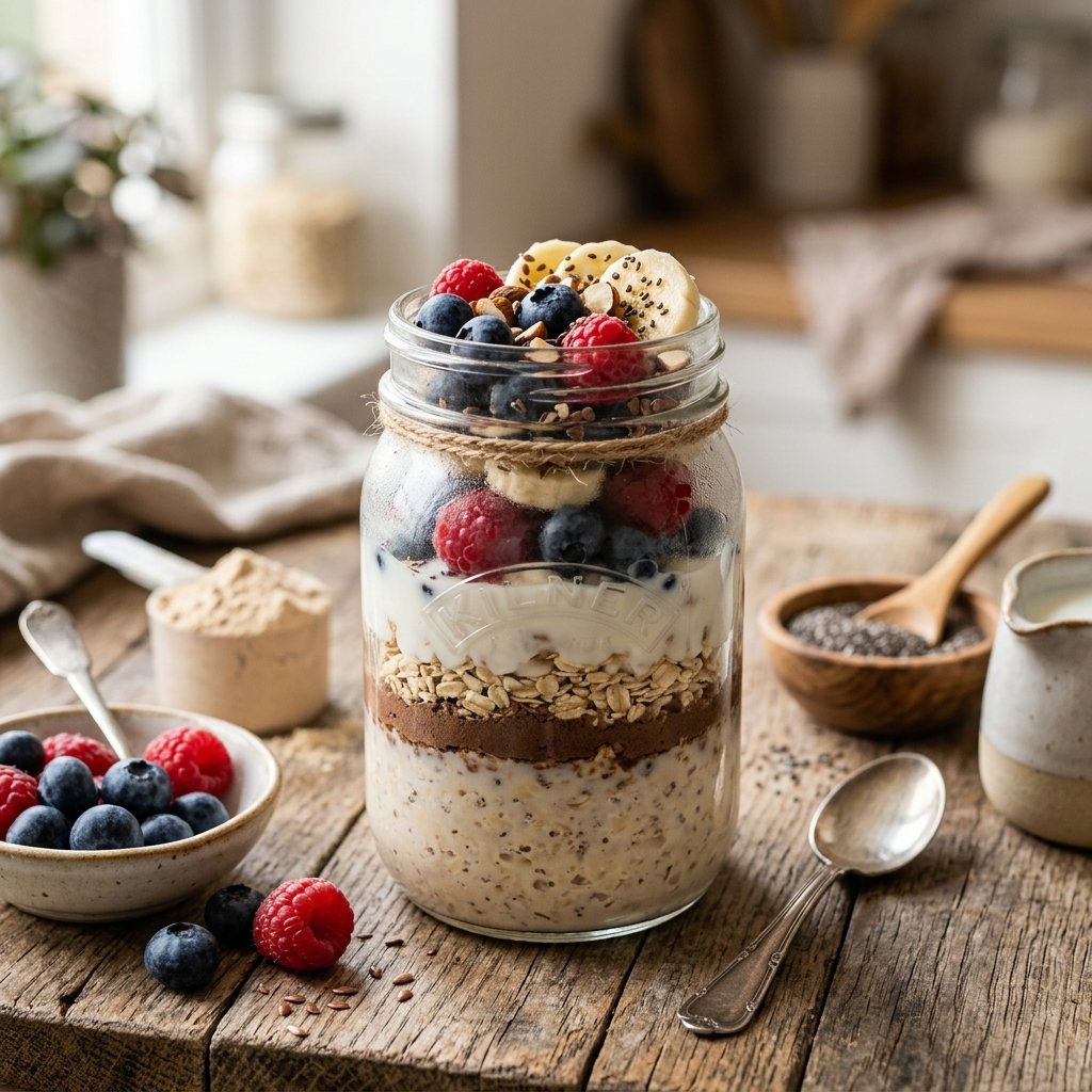 A glass jar of overnight oats topped with chia seeds and protein powder on a wooden table with fresh berries and a spoon nearby.