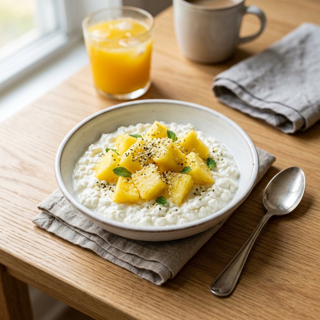 A bowl of cottage cheese topped with pineapple chunks on a wooden table with a spoon and a glass of orange juice nearby.