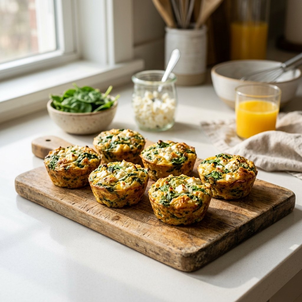 Freshly baked spinach and feta egg muffin cups arranged on a wooden cutting board with fresh spinach leaves and a glass of orange juice in the background.
