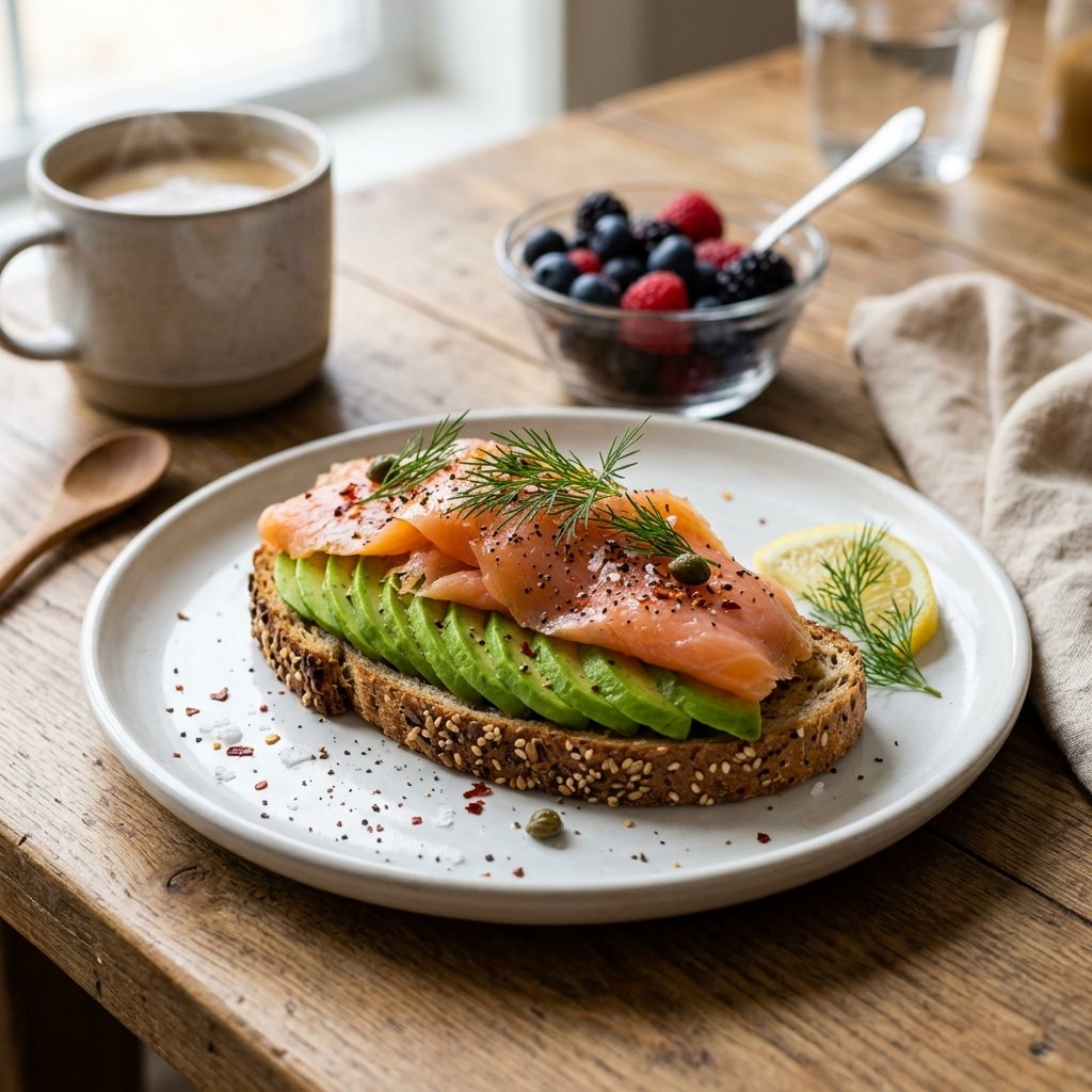 A plate of smoked salmon and avocado toast on whole grain bread with fresh herbs on a wooden table, accompanied by a cup of coffee and a bowl of berries.