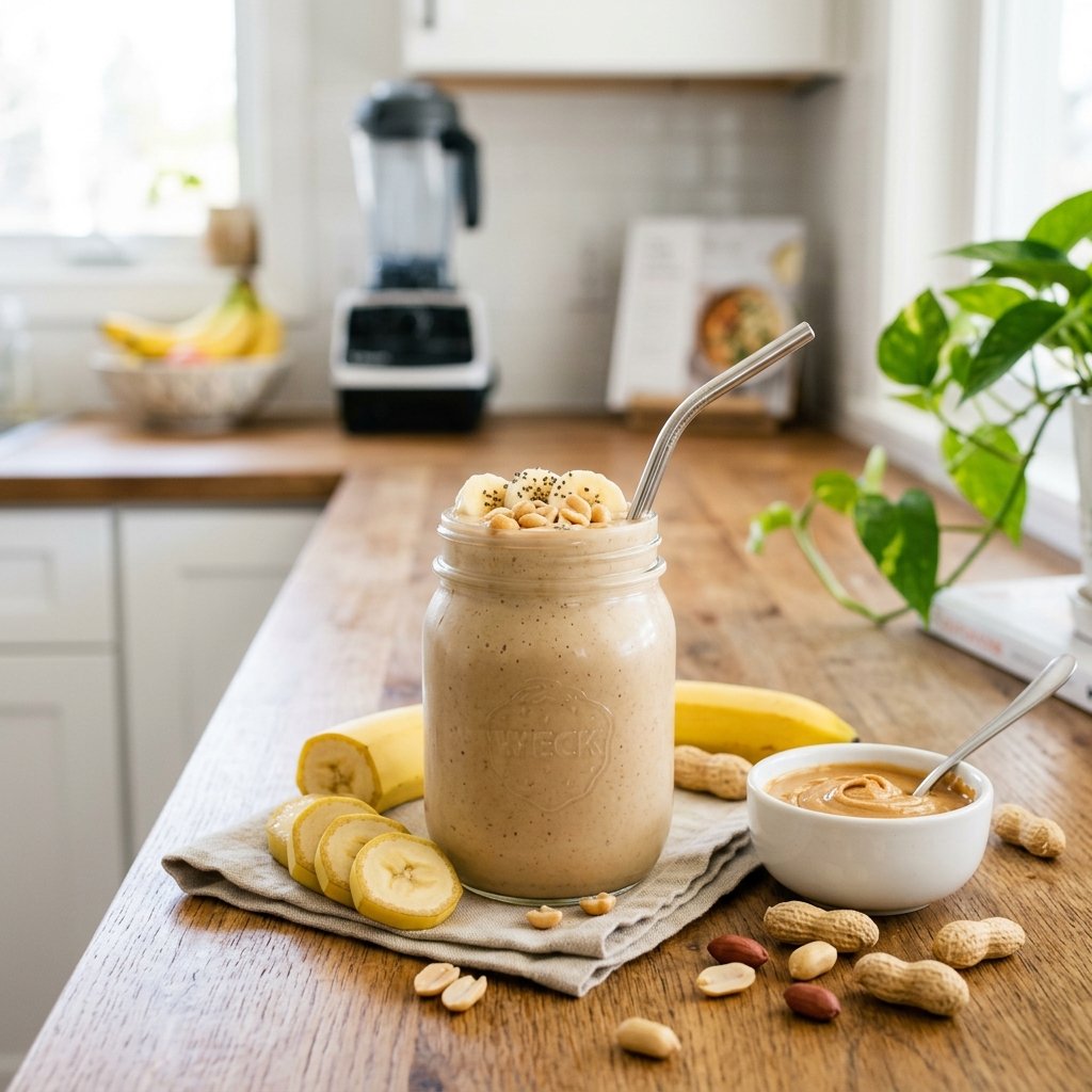 A glass jar of peanut butter and banana protein smoothie with banana slices, peanut butter, and peanuts on a wooden countertop in a kitchen.