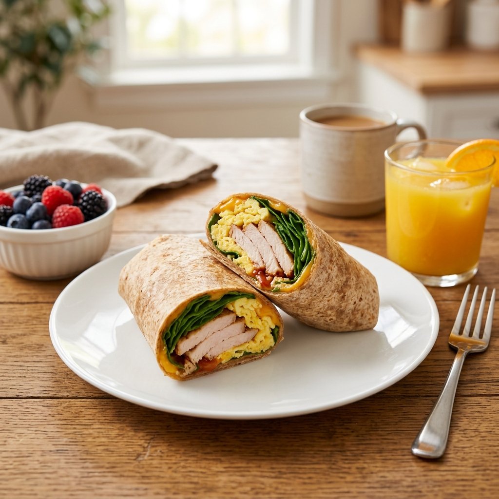 A turkey and spinach breakfast wrap cut in half on a plate with a glass of orange juice and a bowl of mixed berries on a wooden table.