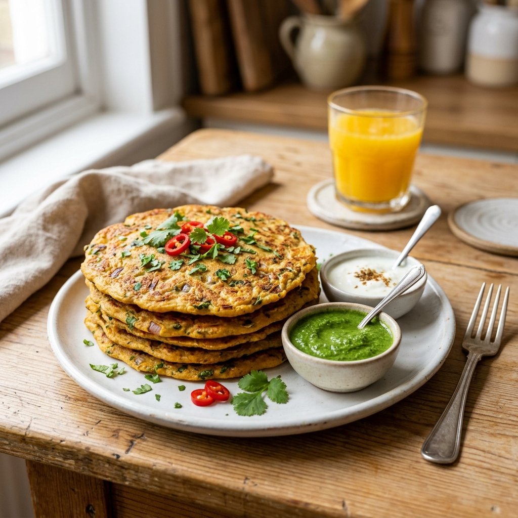 A plate of golden chickpea flour savory pancakes garnished with herbs, accompanied by green chutney and yogurt on a kitchen table.