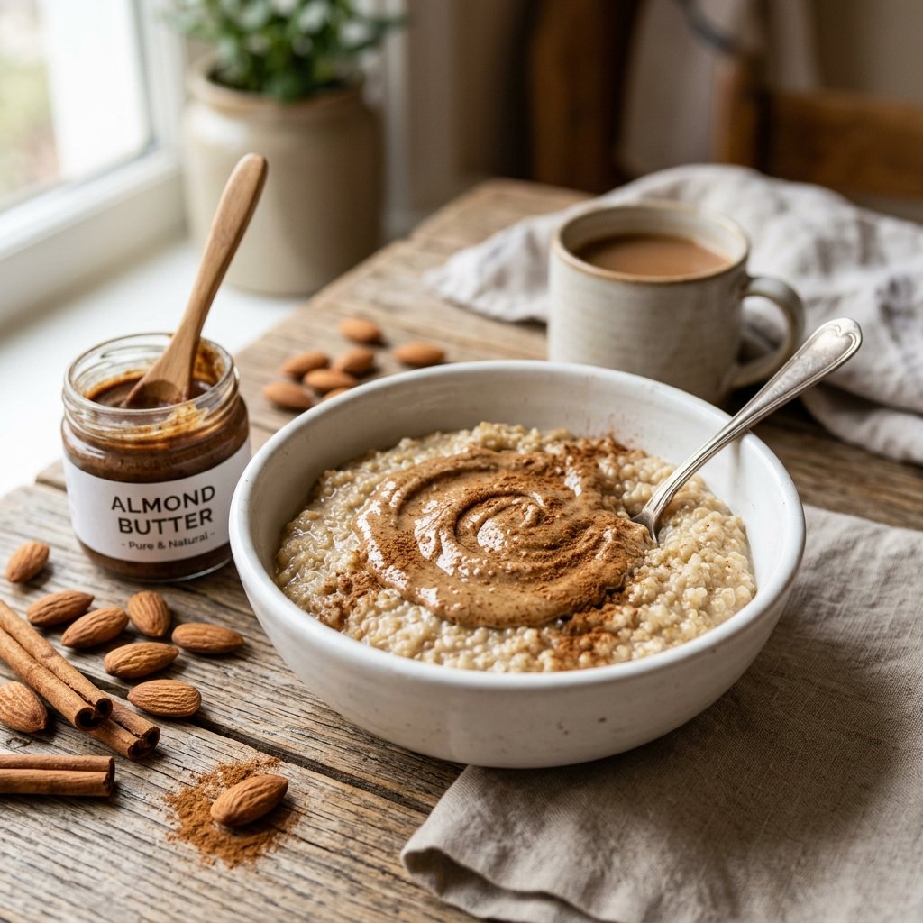 A bowl of quinoa porridge topped with almond butter and cinnamon on a wooden table, surrounded by almonds and cinnamon sticks.