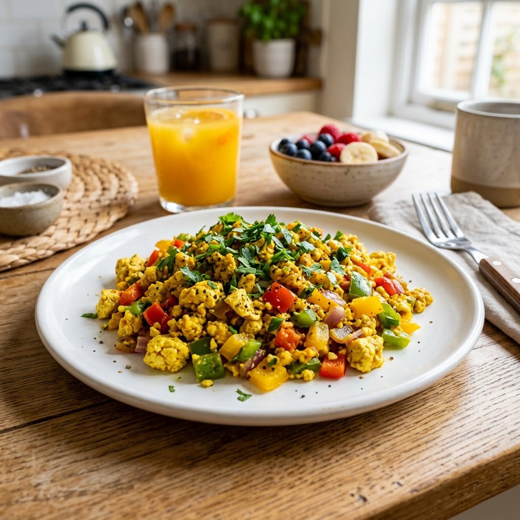 Plate of tofu scramble with diced bell peppers and herbs on a wooden table with a glass of orange juice in the background.