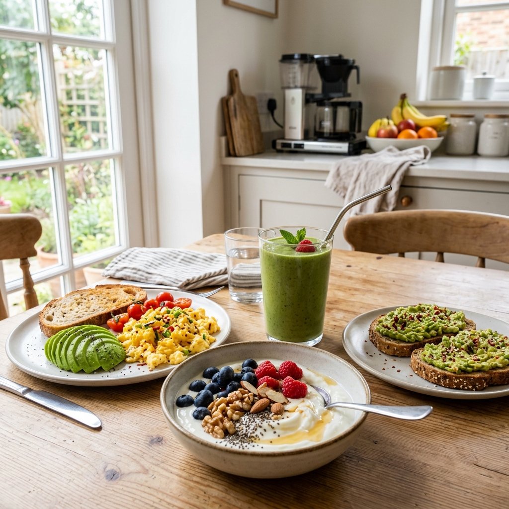 A breakfast table with Greek yogurt, scrambled eggs, avocado, smoothie, and toast in a bright kitchen.