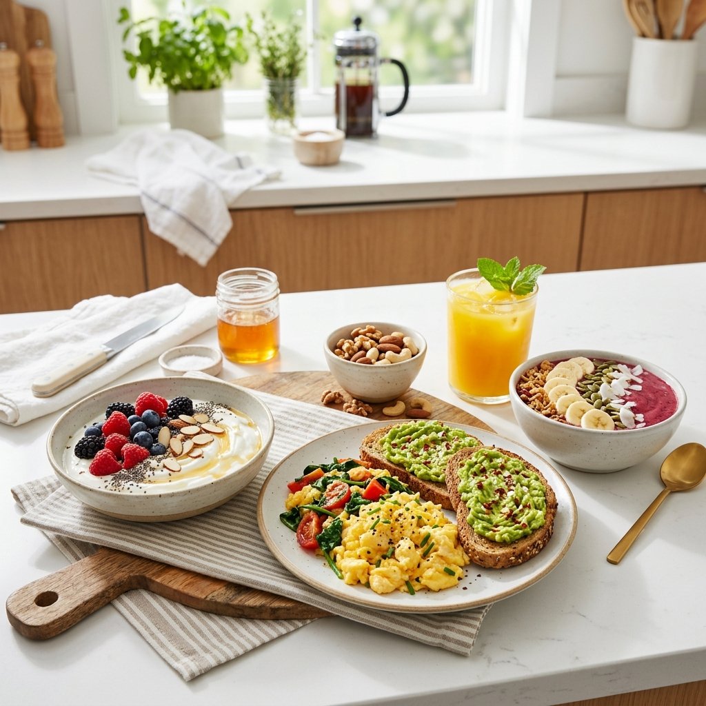 A kitchen countertop with various high-protein breakfast foods including eggs, yogurt with berries, smoothie bowl, avocado toast, and fresh juice.