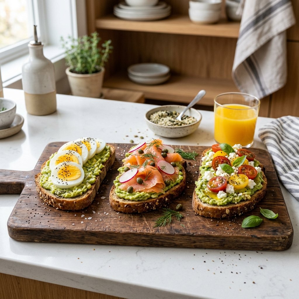Three avocado toasts with different high protein toppings on a wooden board in a kitchen setting.