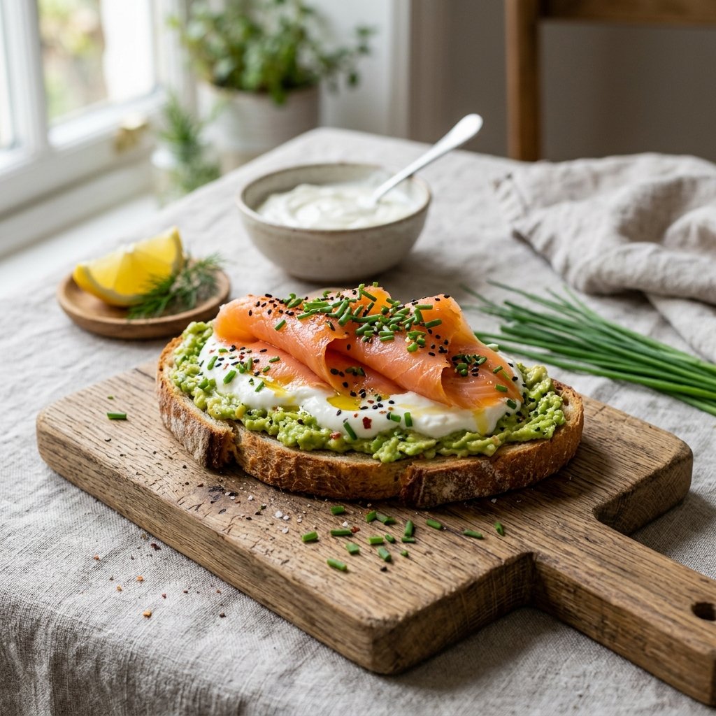 A plate of avocado toast topped with Greek yogurt, smoked salmon, and chopped chives on a wooden board with lemon and herbs nearby.