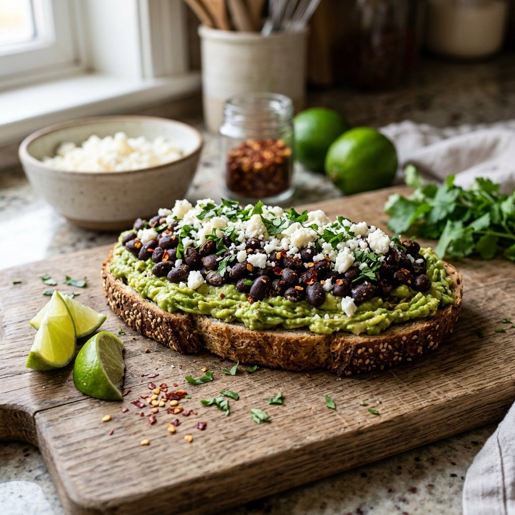 A close-up of avocado toast topped with spicy black beans, crumbled cheese, and lime wedges on a wooden board.