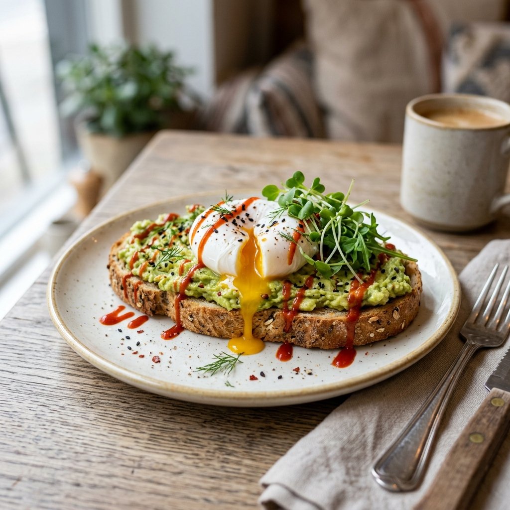 A plate of avocado toast topped with a poached egg, microgreens, and sriracha sauce on a wooden table.