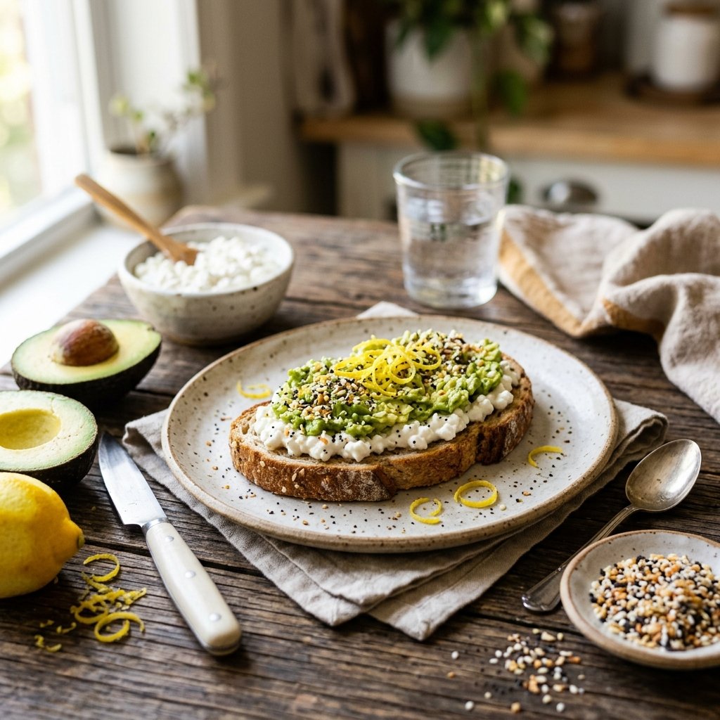 Close-up of avocado toast topped with cottage cheese, lemon zest, and everything bagel seasoning on a wooden table with fresh avocado, lemon, and seasoning nearby.