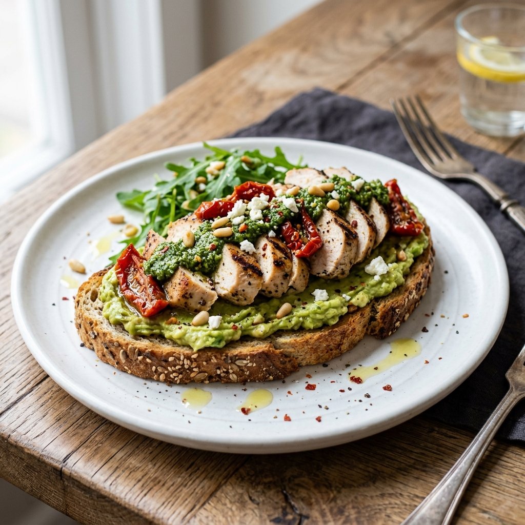 A plate with avocado toast topped with grilled chicken, pesto, and sun-dried tomatoes on a wooden table.