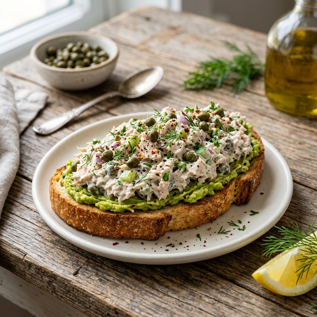 A serving of tuna salad with Greek yogurt and capers on toasted avocado bread, garnished with herbs on a wooden table.