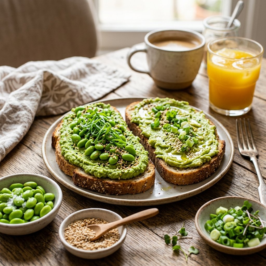 Two slices of avocado toast topped with edamame hummus, sesame seeds, and scallions on a wooden table with small bowls of edamame, sesame seeds, and scallions nearby.
