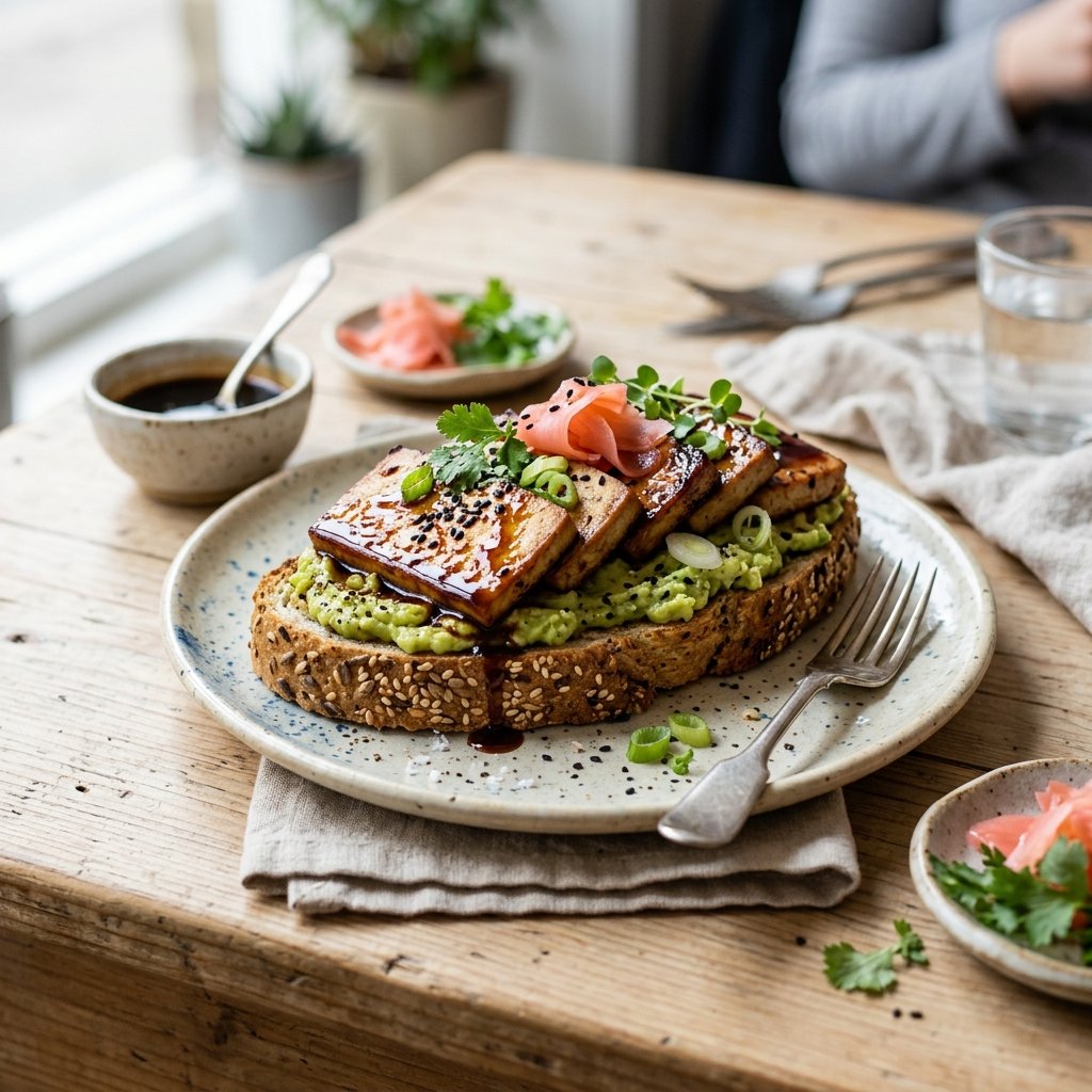 A slice of whole grain avocado toast topped with smoked tofu, tamari glaze, and pickled ginger on a wooden table.