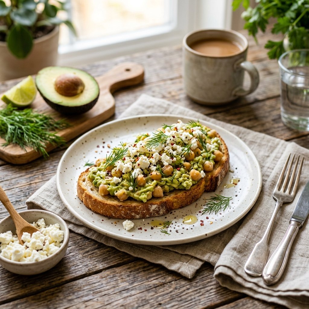 A plate of chickpea avocado smash with feta and dill on toasted bread, surrounded by fresh avocados, feta, lemon wedges, and dill on a wooden table.