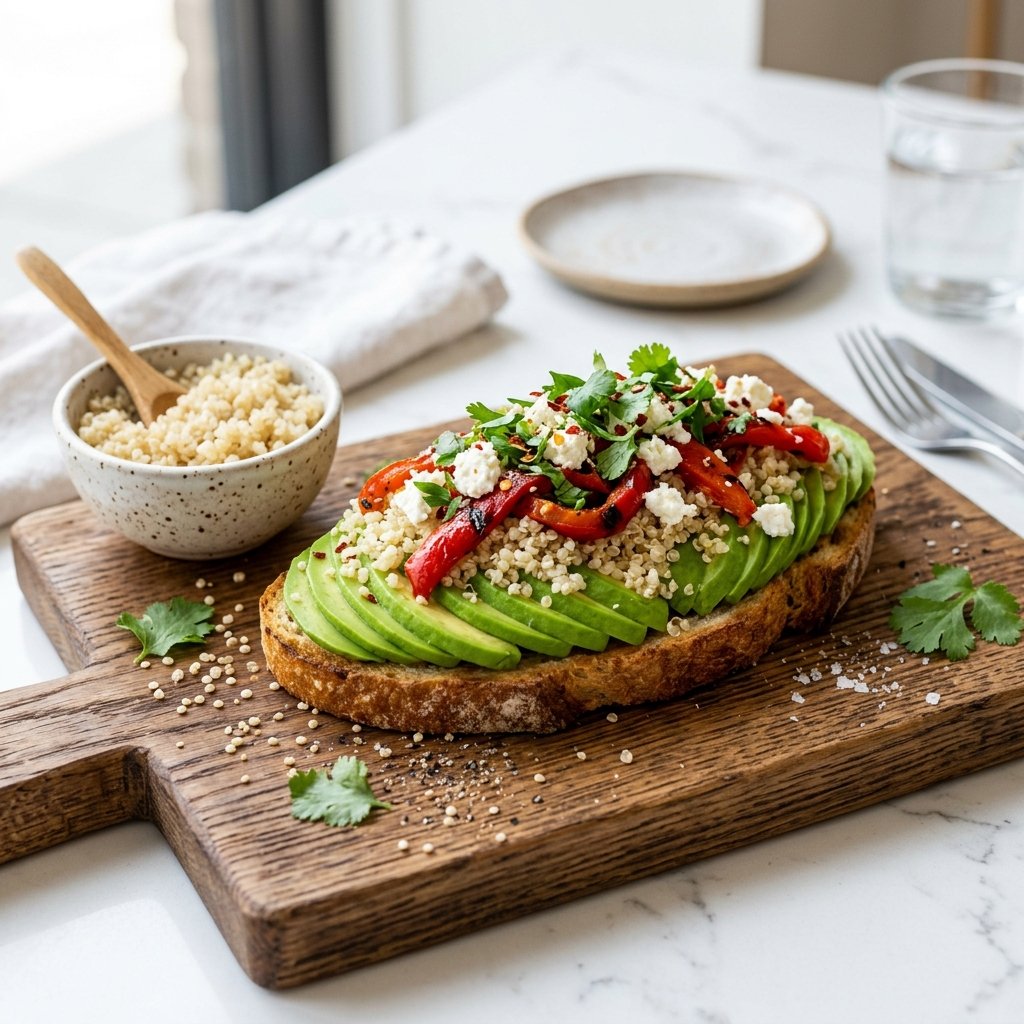 A slice of avocado toast topped with quinoa, roasted red peppers, and feta cheese on a wooden board.