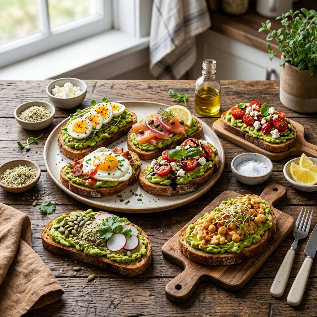 Several slices of avocado toast with various healthy toppings arranged on a wooden table.