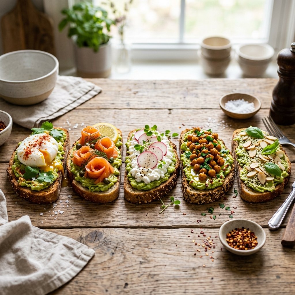 Several slices of avocado toast topped with different protein-rich ingredients like eggs, salmon, and chickpeas arranged on a wooden table.
