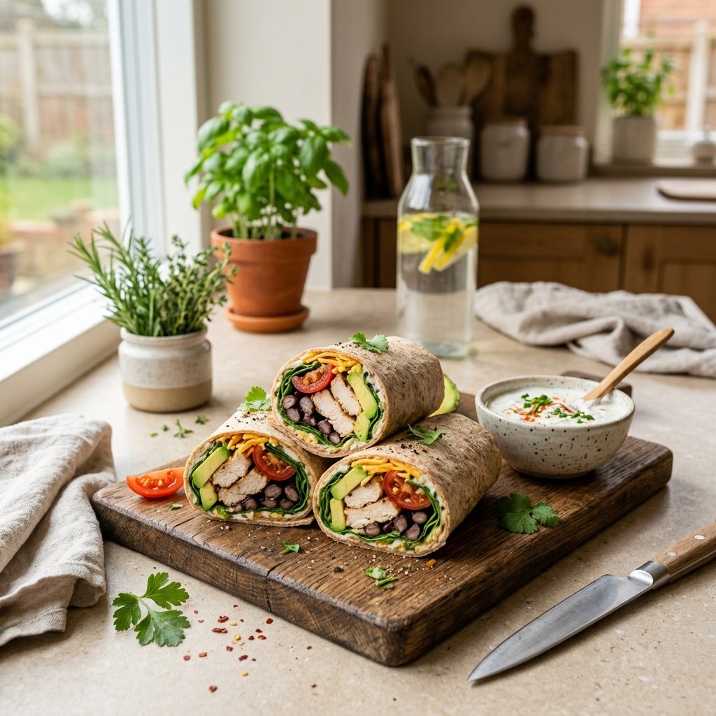 Freshly made high protein wraps sliced in half on a wooden cutting board with colorful fillings including chicken, spinach, avocado, and tomatoes on a kitchen countertop.