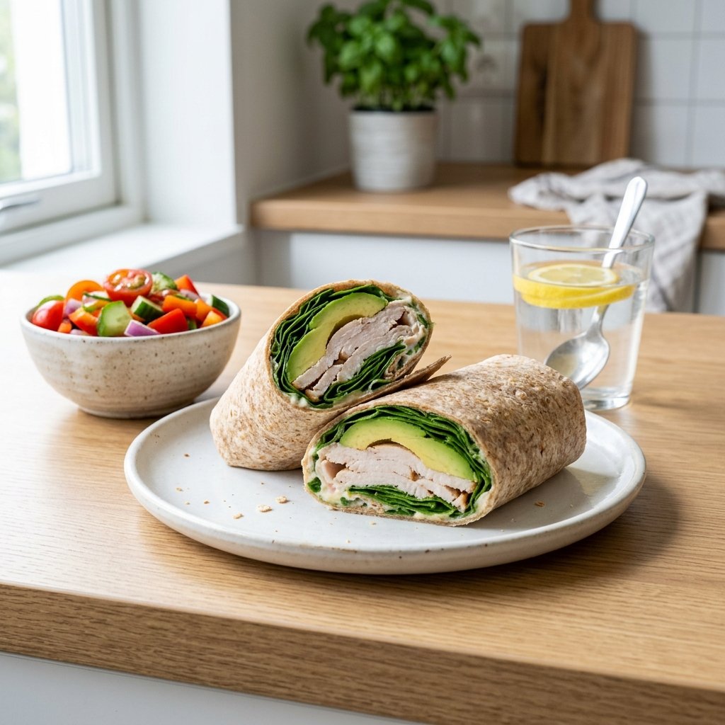A turkey, avocado, and spinach whole-wheat wrap cut in half on a white plate with a bowl of vegetables and a glass of water on a kitchen countertop.