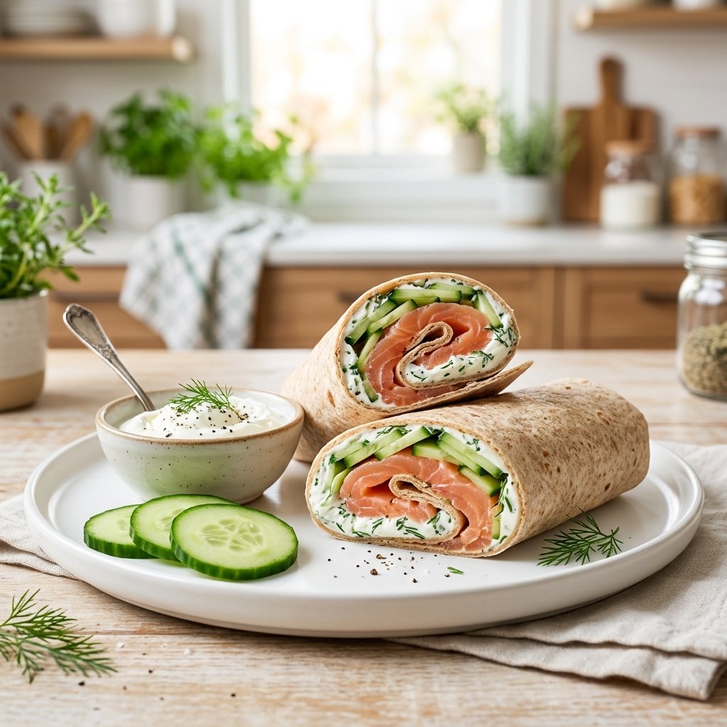 A plate with a smoked salmon, cream cheese, and cucumber wrap cut in half, accompanied by cucumber slices and a bowl of Greek yogurt.