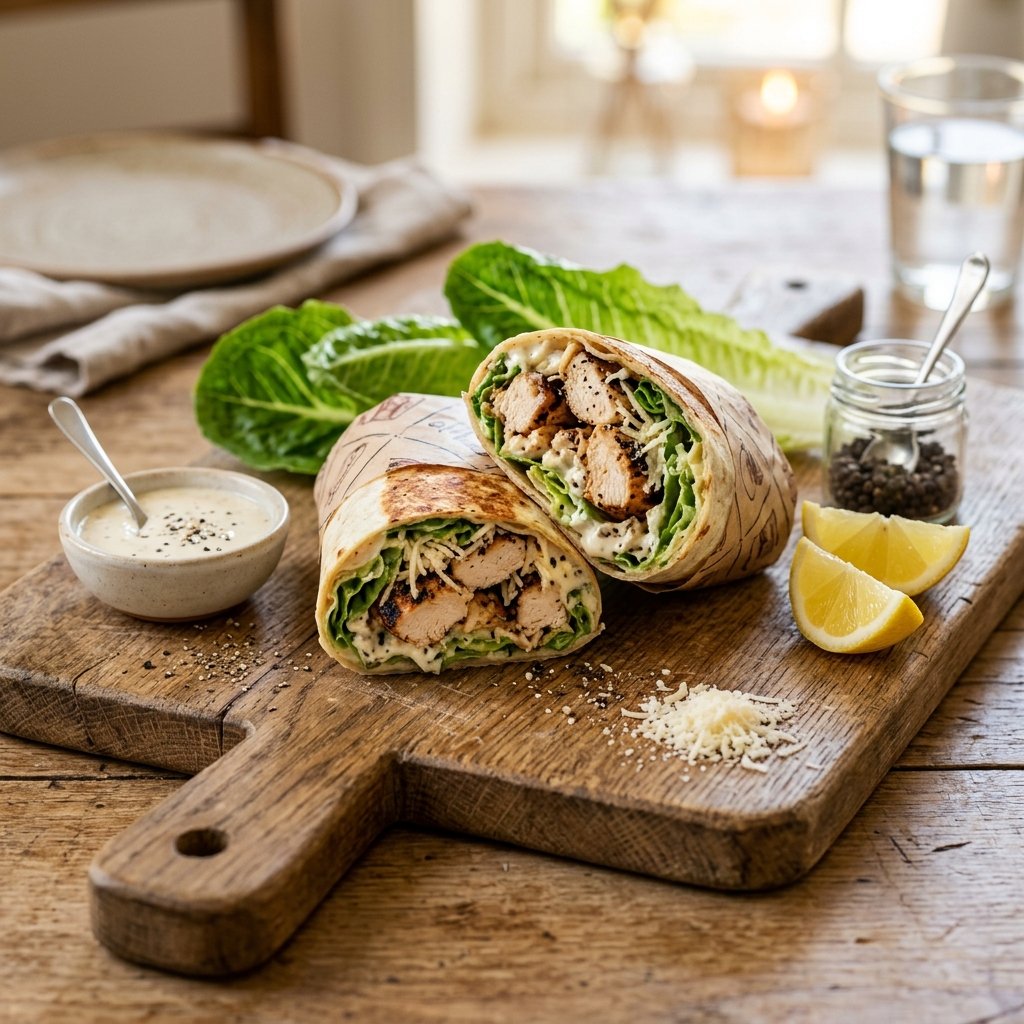 A grilled chicken Caesar romaine wrap cut in half on a wooden board with fresh lettuce, lemon wedges, and a bowl of dressing nearby.