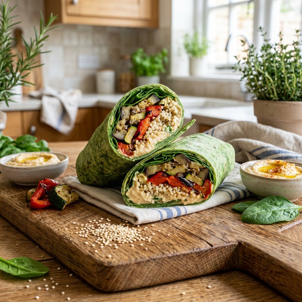 A spinach wrap cut in half showing hummus, quinoa, roasted vegetables, and fresh spinach on a wooden board with a bowl of hummus nearby.