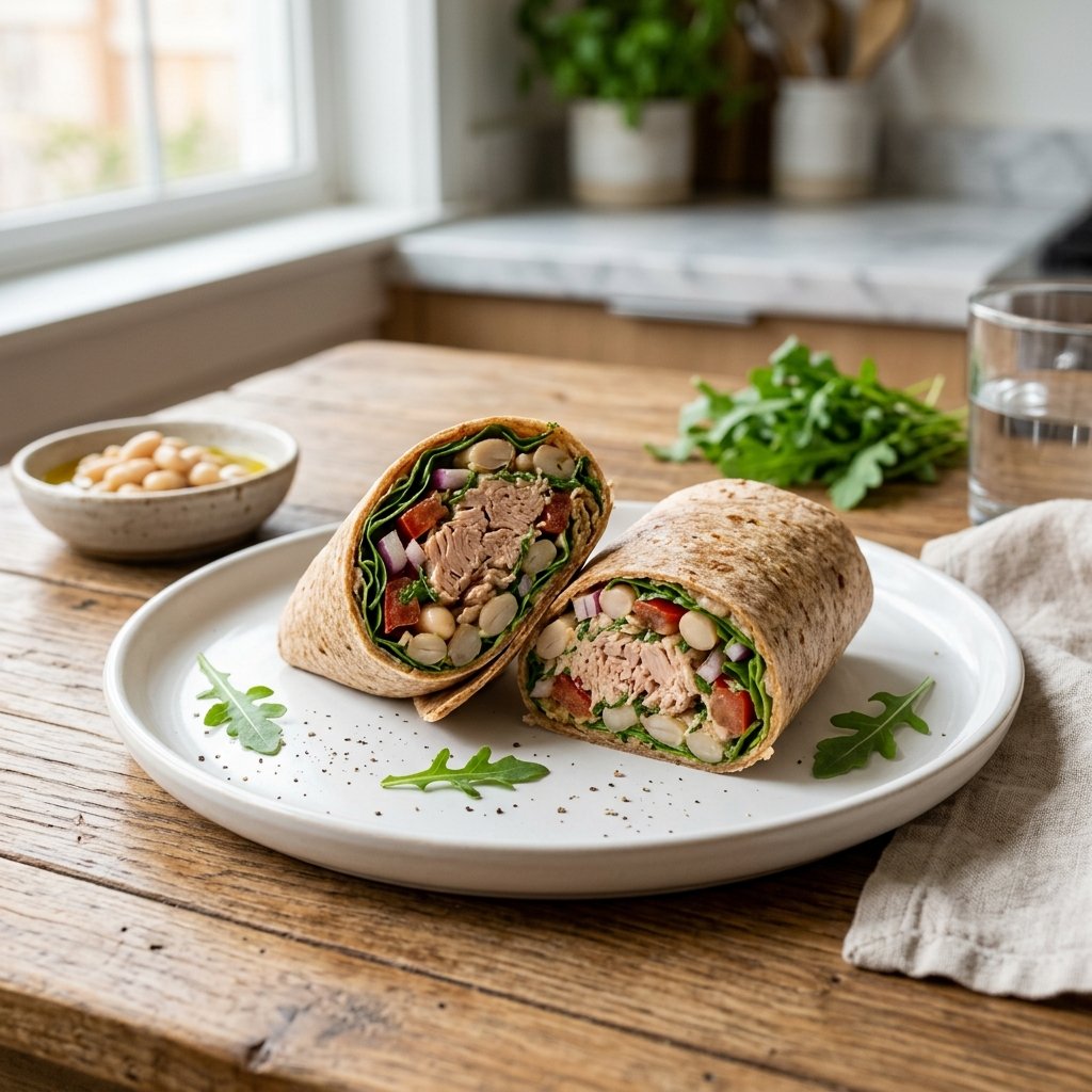 A tuna, white bean, and arugula wrap cut in half on a white plate with fresh ingredients around it.